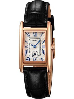 Women's Black Rose Rectangle Leather Strap Quartz Bangle Vintage Watch
